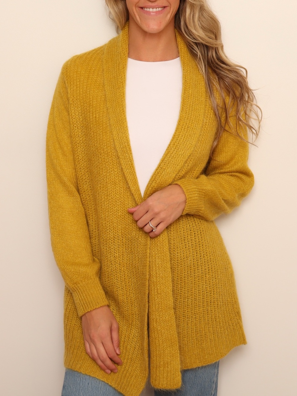 AIDA Mohair Wool Blend Open Front Cardigan Made in Italy Mustard Yellow
